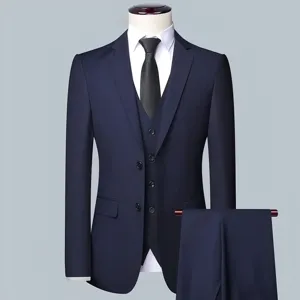 Detailed view of the classic dark blue men's three-piece business suit jacket and vest.