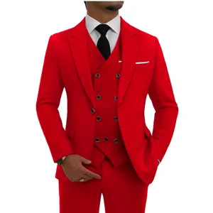 Heren Slim Fit Dubbelrijig Pak Set Driedelig Zakelijk Huwelijk Smoking Blazer Vest Broek Formeel Pak