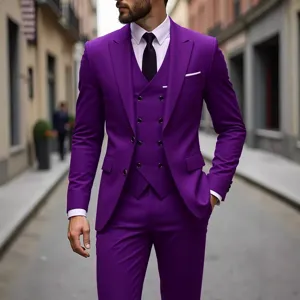 Men 3-Piece Purple Suit Slim Fit Business Wedding Tuxedo Blazer Vest Trousers Plus Size