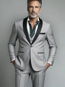 Detailed view of men's grey slim-fit suit featuring black shawl lapel and stylish inner shirt.
