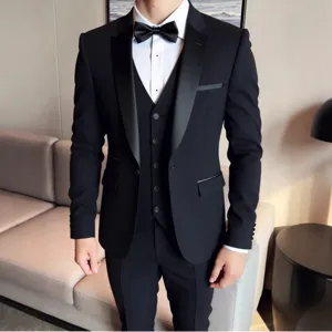 Men Black Three Piece Tuxedo Suit Slim Fit Groom Wedding Shawl Lapel Suit Set Formal