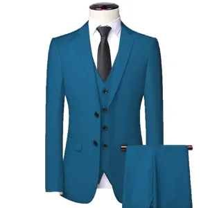 Men three-piece business suit detail shot, classic teal formal wedding blazer vest and trousers.