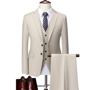Ανδρικό κοστούμι slim fit τριών τεμαχίων μπεζ επαγγελματικό γάμου σακάκι παντελόνι