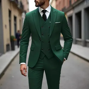 Heren donkergroen driedelig pak dubbelrijige slim fit zakelijke trouwsmoking outfit.
