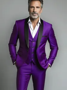Detailed view of the vibrant purple three piece men suit showcasing fine fabric texture.