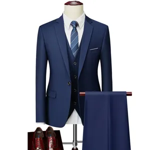Men's business casual three-piece suit set featuring a stylish navy blazer, vest, and trousers.