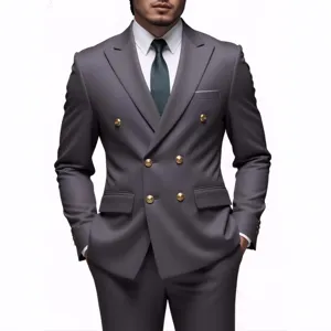 Men's double-breasted grey suit jacket with gold buttons, stylish business casual blazer.