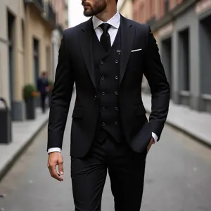 Heren zwart driedelig pak slim fit tweedeknoops blazer gilet en broek set voor huwelijk.