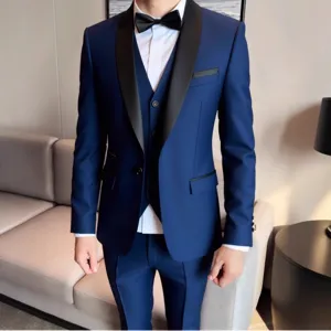 Men's deep blue 3-piece tuxedo suit slim fit shawl lapel groom wedding dress set.