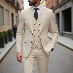 Mens 3-piece slim fit beige suit set, business formal wedding blazer vest trousers.