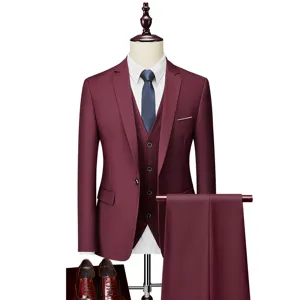 Men wine red 3 piece suit slim fit business wedding groom blazer vest pants outfit set