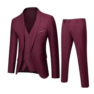 Men's 3-piece burgundy suit set, slim fit blazer vest and trousers for wedding business.