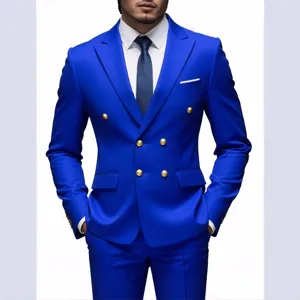 Mens Royal Blue Double Breasted Suit With Gold Buttons Elegant Business Casual Blazer