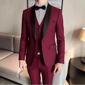 Men burgundy tuxedo suit 3 piece shawl lapel slim fit groom wedding formal party outfit