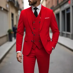 Men's bright red three-piece suit slim fit business wedding groom blazer vest pants