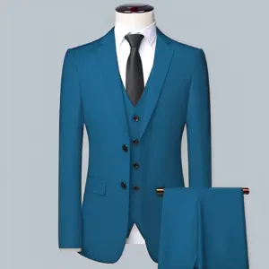 Detailed view of the stylish men's teal 3-piece suit jacket and vest with tie.
