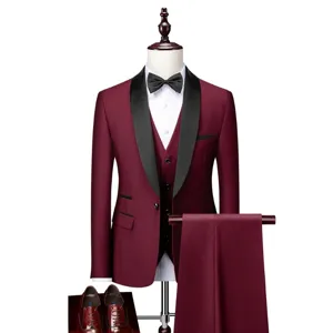 Men burgundy slim 3-piece suit tuxedo set with black lapel for wedding business.
