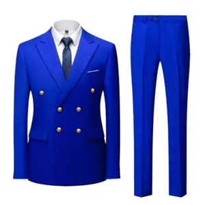 Royal blue men's double breasted suit jacket trousers set business formal wear gold buttons.