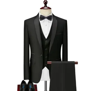Men's black three-piece suit business formal blazer vest and trousers wedding outfit