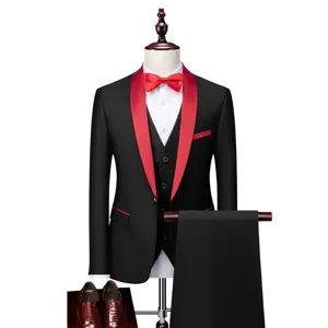 Men's 3-piece slim fit business wedding suit set with black jacket, vest and trousers.