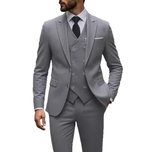 Heren 3-delig grijs pak slim fit zakelijk formeel trouwen blazer gilet broek set