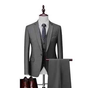 Men grey 3 piece business suit set formal blazer vest trousers for wedding groom wear now.
