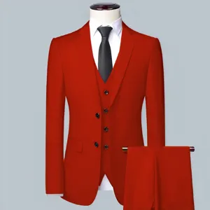 Close-up view of the classic red men's three-piece suit, showing jacket, vest and fabric texture.