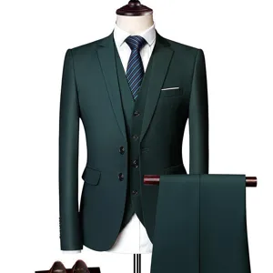 Costume Homme Slim 3 Pieces Vert Fonce Formel Affaires Mariage Veste Gilet Pantalon
