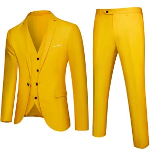 Men 3 Piece Suit Set Yellow Slim Fit Blazer Vest Pants Wedding Business Casual Suit