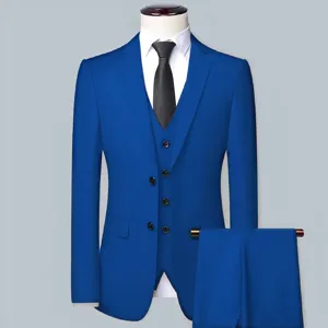 Men's royal blue 3-piece suit detail, jacket, vest and trousers for formal wedding business.