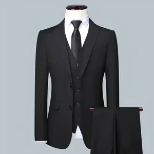 Classic men's three-piece suit set with jacket vest and trousers for business wedding.