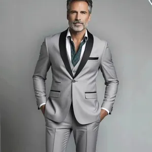 Men's slim-fit three-piece business suit set with shawl lapel, ideal for weddings and work.