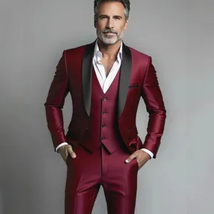 Men's Burgundy 3-Piece Suit Slim Fit Tuxedo Wedding Business Professional Blazer