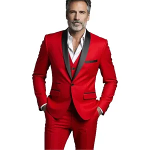 Men's 3-piece slim fit red suit business wedding tuxedo set with black shawl lapel jacket