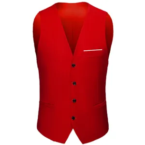Gilet de costume homme rouge coupe slim avec col en V, quatre boutons et poche poitrine chic.