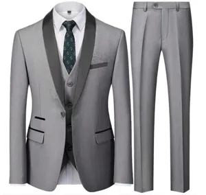 Men's grey 3-piece business casual suit set ideal for groom wedding and formal daily wear.