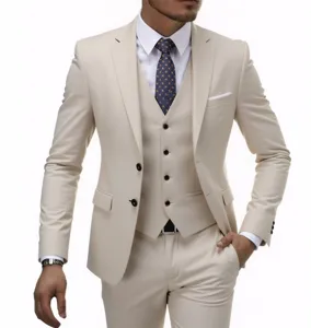 Men slim fit 3 piece suit wedding business casual tuxedo blazer vest trousers beige set