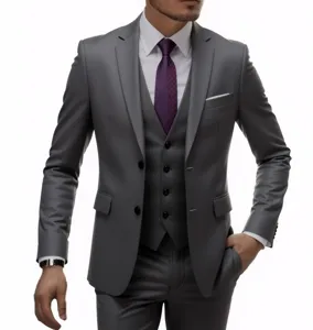 Men's grey three-piece suit detail, slim fit jacket, vest and trousers for formal events.
