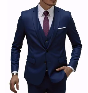 Detailed view of the slim fit men three piece suit jacket vest trousers in dark blue color.