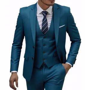 Slim fit men's 3-piece suit in teal blue with vest pants tie for wedding business formal wear
