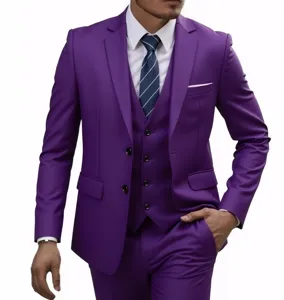 Detail view of the purple three-piece slim fit men suit jacket vest and trousers.