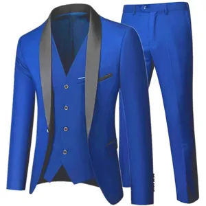 Costume trois pièces bleu pour homme slim fit business mariage smoking blazer gilet et pantalon
