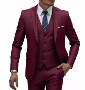 Men's slim fit three-piece suit in burgundy, ideal for weddings and formal business wear.