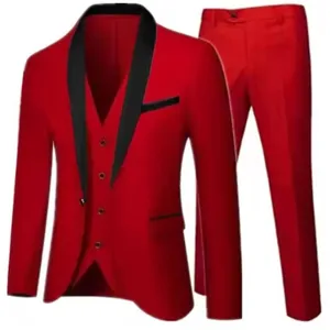 Costume homme slim 3 pièces rouge mariage marié blazer gilet pantalon tenue élégante formelle