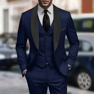 Men's slim fit three-piece suit detail, featuring a blue jacket, vest, trousers, and shirt.