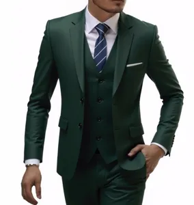 Detailed view of the dark green men's slim three-piece suit, showing precise tailoring and style.