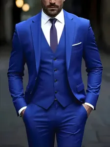 Vue détaillée d'un costume trois pièces bleu roi pour homme avec gilet et pantalon.