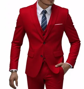 Men's slim fit three piece suit red wedding party business casual formal blazer trousers vest