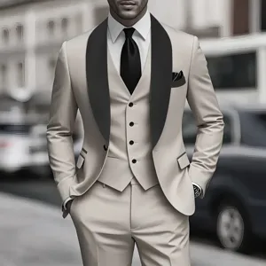 Classic men's three-piece suit in beige with black shawl lapel, ideal for weddings and formal.