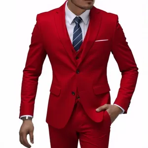 Men's Red Slim Fit Three-Piece Suit Set Wedding Business Formal Jacket Vest And Pants